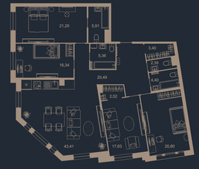 МФК «Северная Корона (ПСК)», планировка 4-комнатной квартиры, 164.14 м²