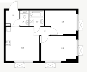ЖК «Яуза парк (ПИК)», планировка 2-комнатной квартиры, 46.00 м²