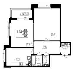 ЖК «Дома на Октябрьском 74, 78», планировка 2-комнатной квартиры, 71.62 м²