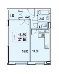 ЖК «Квартал Гальчино», планировка 1-комнатной квартиры, 37.10 м²