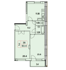 ЖК «Квартал Гальчино», планировка 2-комнатной квартиры, 63.30 м²