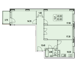 ЖК «Квартал Гальчино», планировка 3-комнатной квартиры, 83.50 м²