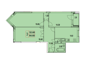 ЖК «Квартал Гальчино», планировка 3-комнатной квартиры, 84.60 м²