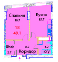 ЖК «Эдельвейс Комфорт», планировка 1-комнатной квартиры, 49.70 м²
