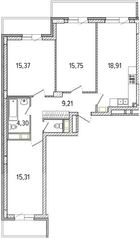 ЖК «Можайский сквер», планировка 3-комнатной квартиры, 87.94 м²