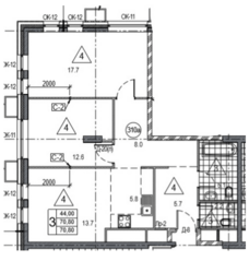 ЖК «Twin House», планировка 3-комнатной квартиры, 70.80 м²