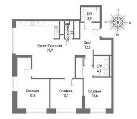 ЖК «Ренессанс», планировка 4-комнатной квартиры, 108.70 м²
