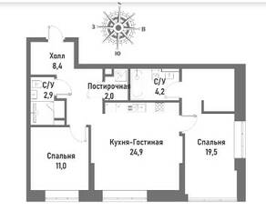ЖК «Ренессанс», планировка 3-комнатной квартиры, 73.00 м²