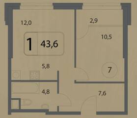 МФК «Волга», планировка 1-комнатной квартиры, 43.60 м²