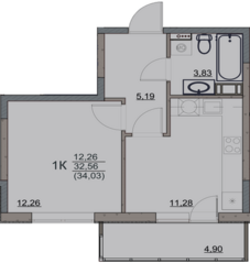 ЖК «Hygge Club», планировка 1-комнатной квартиры, 34.03 м²