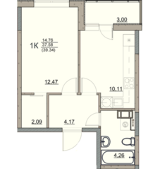 ЖК «Hygge Club», планировка 1-комнатной квартиры, 39.34 м²