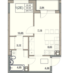 ЖК «Hygge Club», планировка 1-комнатной квартиры, 44.77 м²