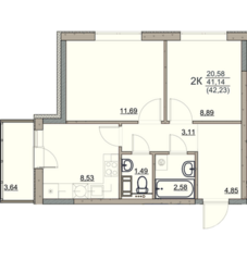 ЖК «Hygge Club», планировка 2-комнатной квартиры, 42.23 м²