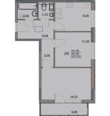 ЖК «Hygge Club», планировка 2-комнатной квартиры, 50.03 м²