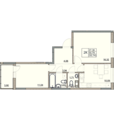 ЖК «Hygge Club», планировка 2-комнатной квартиры, 52.74 м²