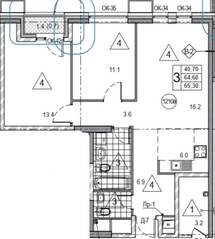 ЖК «Twin House», планировка 3-комнатной квартиры, 66.20 м²