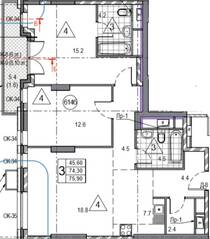 ЖК «Twin House», планировка 3-комнатной квартиры, 76.20 м²