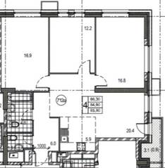 ЖК «Twin House», планировка 3-комнатной квартиры, 86.80 м²