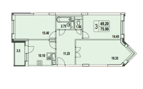 ЖК «Квартал Гальчино», планировка 3-комнатной квартиры, 76.30 м²