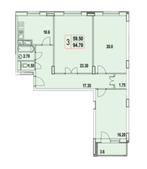 ЖК «Квартал Гальчино», планировка 3-комнатной квартиры, 94.20 м²
