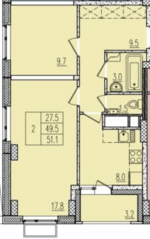 ЖК «Молодежный 4, 5», планировка 2-комнатной квартиры, 51.10 м²