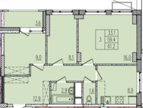 ЖК «Молодежный 4, 5», планировка 3-комнатной квартиры, 61.20 м²