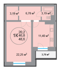 ЖК «28 микрорайон», планировка 1-комнатной квартиры, 46.90 м²