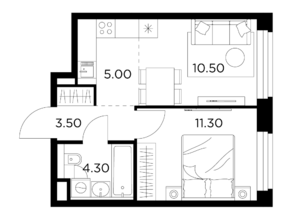 ЖК «Белый мыс», планировка 2-комнатной квартиры, 34.60 м²