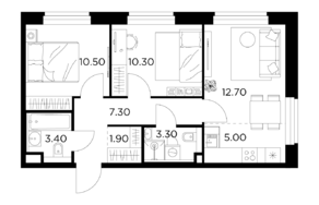 ЖК «Белый мыс», планировка 3-комнатной квартиры, 54.40 м²