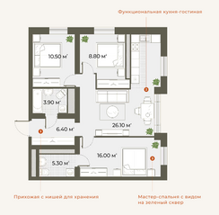 ЖК «Аура», планировка 3-комнатной квартиры, 76.60 м²