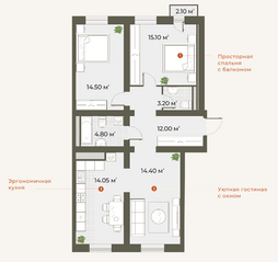 ЖК «Аура», планировка 3-комнатной квартиры, 80.10 м²