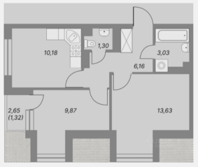 МЖК «Дом на Евграфова», планировка 2-комнатной квартиры, 46.85 м²