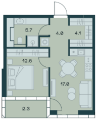 ЖК «SHIFT», планировка 1-комнатной квартиры, 45.70 м²