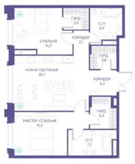 ЖК «Дом XXII», планировка 2-комнатной квартиры, 88.00 м²