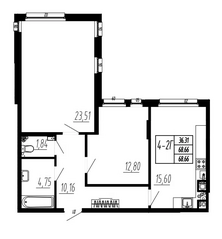 ЖК «Дома на Октябрьском 74, 78», планировка 2-комнатной квартиры, 68.66 м²