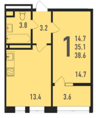 ЖК «Ивантеевка 2020», планировка 1-комнатной квартиры, 38.60 м²
