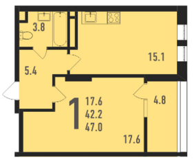ЖК «Ивантеевка 2020», планировка 1-комнатной квартиры, 47.00 м²
