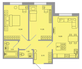 ЖК «Стороны света-2», планировка 2-комнатной квартиры, 50.37 м²