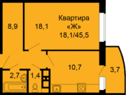 ЖК «Балабаново City», планировка 1-комнатной квартиры, 45.50 м²