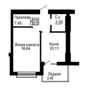 ЖК «Золотые пески», планировка 1-комнатной квартиры, 37.55 м²