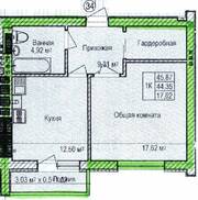 ЖК «Восток», планировка 1-комнатной квартиры, 45.87 м²