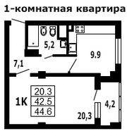 ЖК «на ул. Гагарина, 11», планировка 1-комнатной квартиры, 44.60 м²