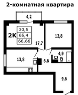 ЖК «на ул. Гагарина, 11», планировка 2-комнатной квартиры, 66.66 м²