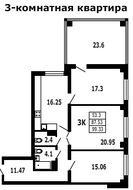 ЖК «на ул. Гагарина, 11», планировка 3-комнатной квартиры, 99.33 м²
