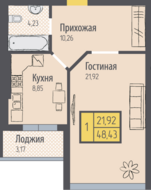 ЖК «Кранц-Парк», планировка 1-комнатной квартиры, 48.43 м²