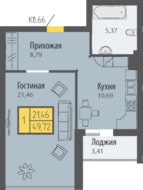 ЖК «Кранц-Парк», планировка 1-комнатной квартиры, 49.72 м²