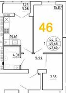 ЖК «Янтарный дом 2», планировка 1-комнатной квартиры, 45.68 м²
