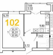 ЖК «Янтарный дом 2», планировка 1-комнатной квартиры, 35.37 м²