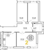 ЖК «Янтарный дом 2», планировка 3-комнатной квартиры, 81.89 м²