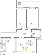 ЖК «Янтарный дом 2», планировка 3-комнатной квартиры, 90.92 м²
